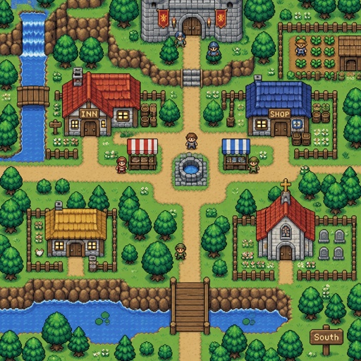 Village Map layout for a game, exterior, top down style