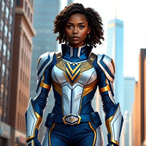 A teenage African American female superhero wearing a domino style mask with slightly curly hair in a shoulder length side part style  wearing a slightly armored  White and blue suit with gold accents blue pants and a stylized V as her chest emblem a utility belt and blue boot heel less standing in Philadelphia  
