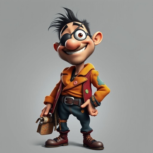 Create a funny adult guy name one eye Willy, who has one eye patched, show entire body head to toe 