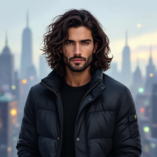 Mężczyzna o długich, kędziarzawych,  ciemnobrązowych, włosach. z krótkim zarostem.  ciemne oczy. Ubrany w czarną puchatą kurtkę. Wąskie usta. Bez kolczyków. Pulchny.