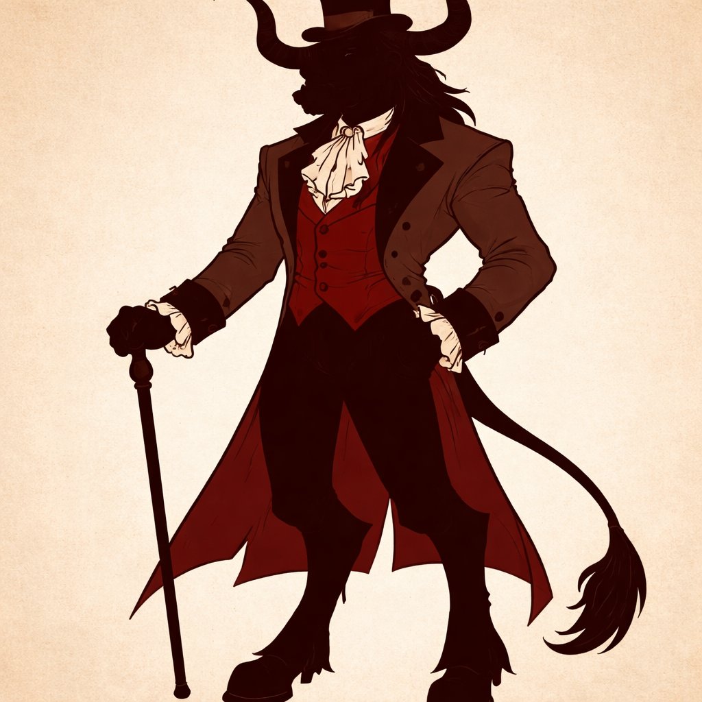 A captivating chestnut brown male Minotaur that’s 6 1/2 feet tall with well~proportioned figure/body with deep set cattle like brown eyes, large powerful gleaming horns like his fathers, a , long tail. He works at freak show as the ringmaster and his abilities are Reality Rejection, Time Manipulation (Chronokineses), Zoolingualism (Language of Cattle only), Human Speech. His outfit consists of a crimson tailcoat, frilly shirt, stunning grey blazer, black pants and top hat.