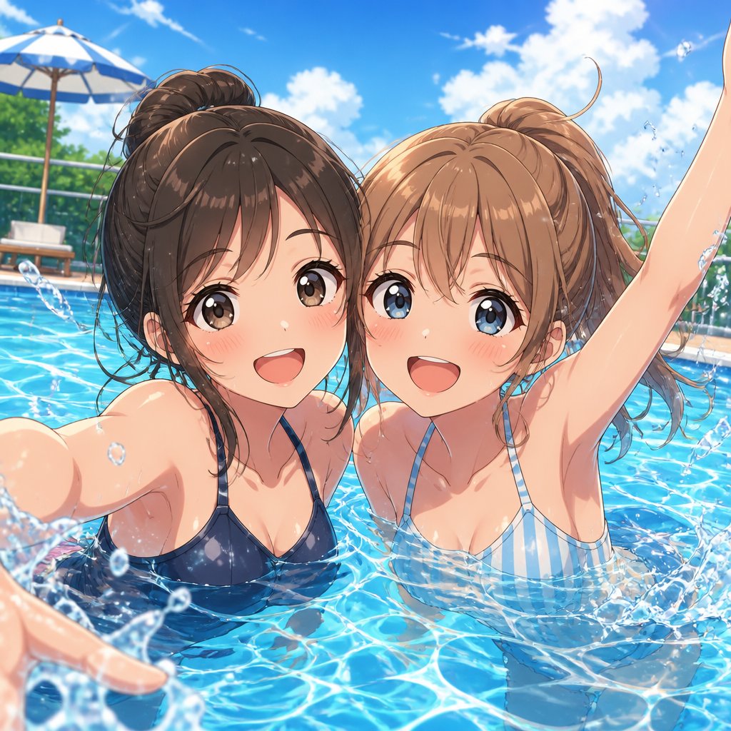 Zwei beste Freunde, die im Pool zusammen sind die eine hat braune Haare und die andere hat hell braune Haare