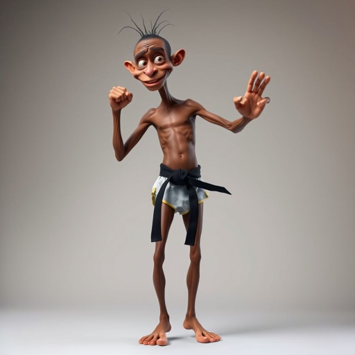 Create a character who looks like a funny African karate guy who doesn’t have a clue what he is doing. Make him have weird toes, only speedos on and a black karate belt. Make him tall skinny and slinky.