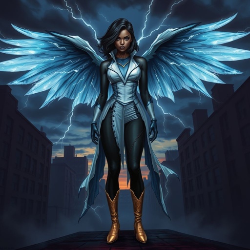African American female superhero with shoulder length hair in a side part style and wings made of white lightning wearing a slightly homemade white blue and black suit with black pants with a stylized V as her chest emblem wearing blue flat boots made of gold standing in Philadelphia at dusk
