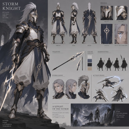 lightning knight, plume helmet, grey hair, eye of the storm mark, baggy pants