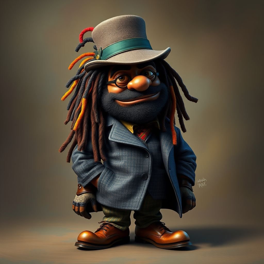 Create a funny fat character similar to Sherlock Holmes, but make him of black decent and with dread locks. Show his whole outfit including his shoes.