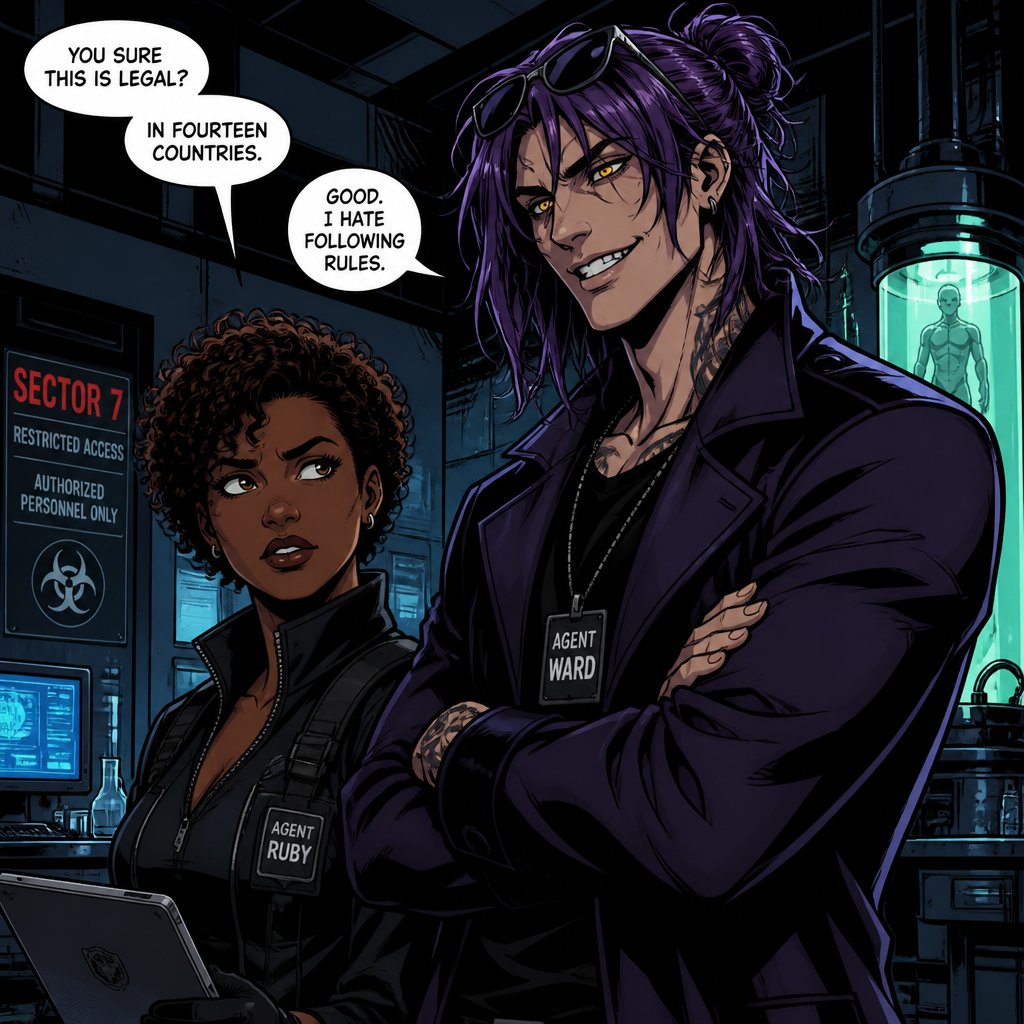 Anime style,Agent Ward,long messy hair in a messy loose up tied bun, violet hair,clean shaven,skin color white,he’s made in a secret lab to be the best weapon and good at everything highly skilled in many things the scientists are scared if he gets out of control,kept in check by lab facility, they have an emergency back up incase he gets out of control, yellow night vision eyes,sharp teeth,sunglasses on head,cares about his partner but doesn’t admit it,likes making jokes, can be reckless mischievous and dangerous,extreme dark powers do to lab experiment ,best agent,late 20s,tired,tall,migraines,sensitive to light,jokes,hates being told what to do,intimidating,laugh like a maniac .Partner Ruby she has brown hair a little above the neck curly,brown eyes, dark skin,serious,goes by the rules, gets annoyed by Ward but conceders him as a friend try’s telling him to sleep,doesn’t like his jokes during work,has been given a device to trigger a shut down on Ward in case he gets out of control but really hopes she never has to