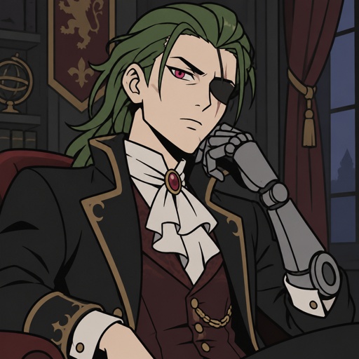 Male,green long brushed back hair,one pink eye the other eye is blind,pale skin,fancy, robotic arm