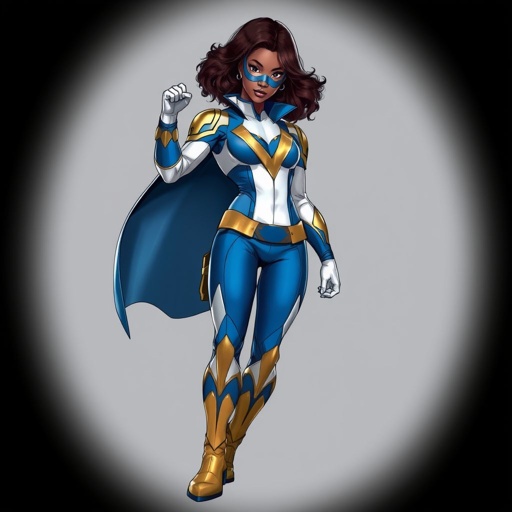 A teenage African American female with shoulder length curly hair  in a side part style superhero  wearing a MASK and a slightly armored white and blue suit with blue pants gold accents and a stylized V as her chest emblem a utility belt and gold boots
