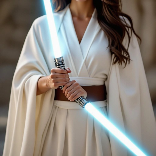 Women wearing a white cloak holding a light saber