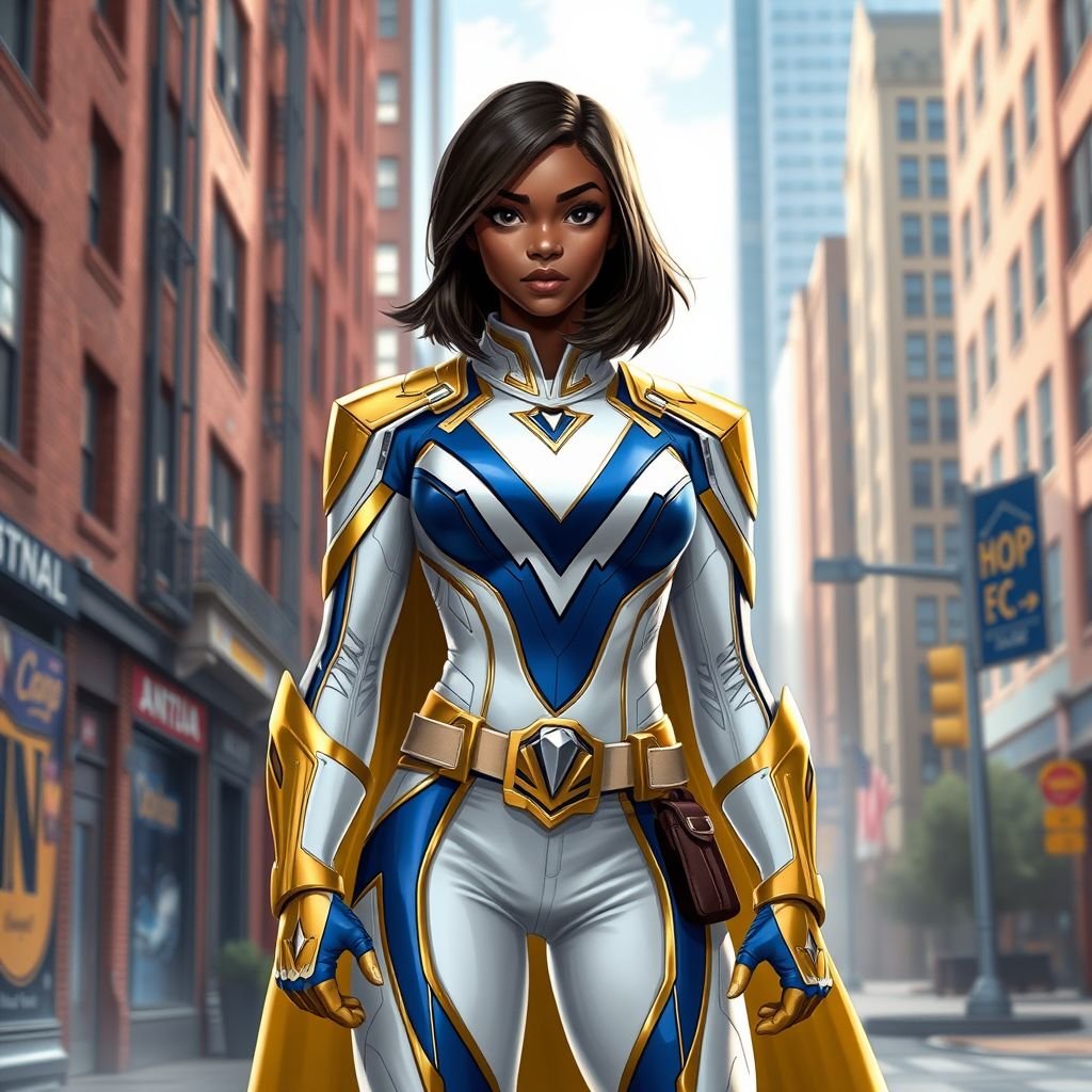 A teenage African American female superhero with hair in a shoulder length side part style  wearing a slightly medievally armored white and Gold suit with blue accents and a stylized V as her chest emblem a utility belt and gold boots standing in Philadelphia  