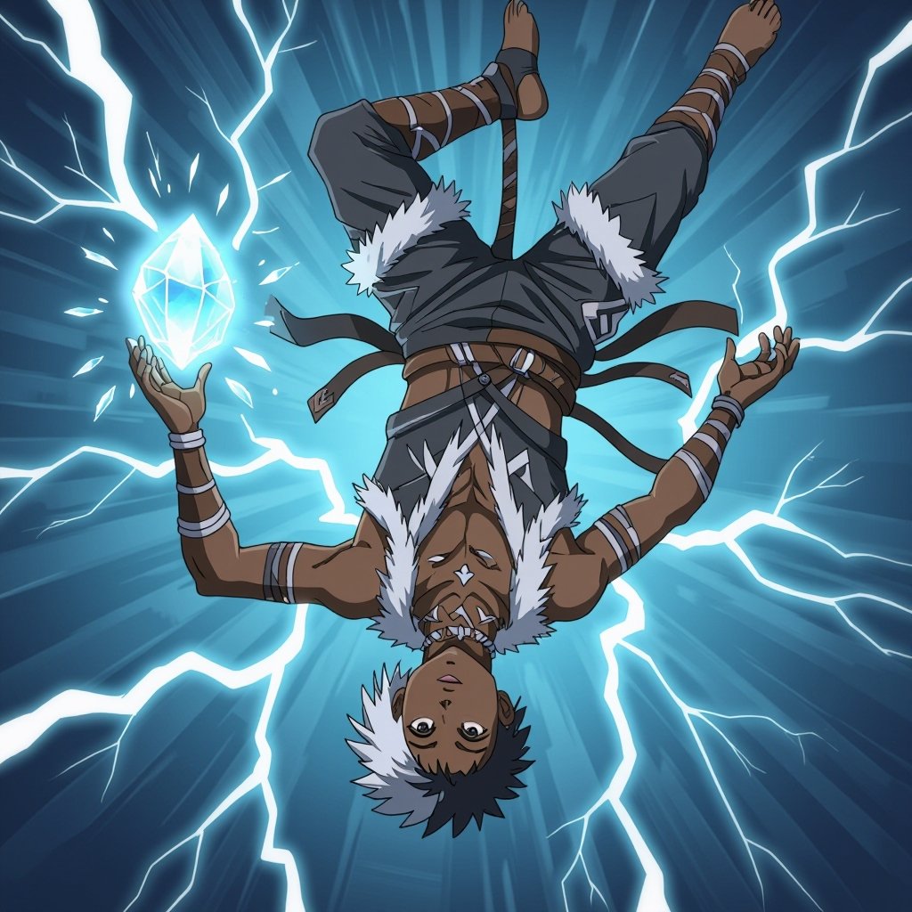 A  15 year old black male with white fade. Give him a gray tribal assassin outfit with fur. Have him floating surrounded by lightning bolts. Give him a crystal that floats from his upside down left hand 