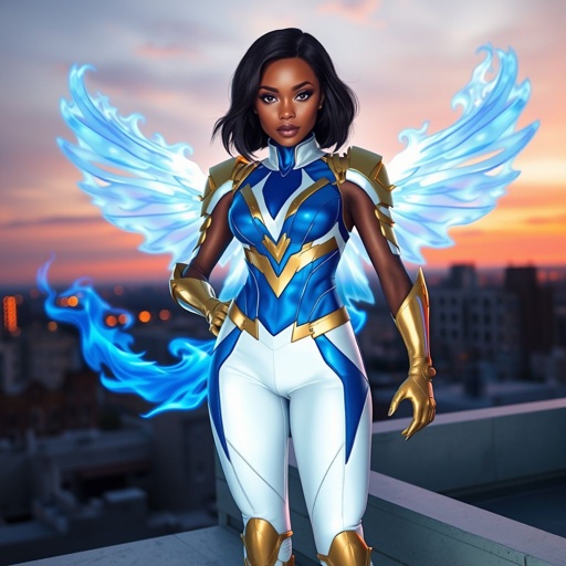 A young African American female superhero with shoulder length hair in a side part style wearing a blue and white suit made of spandex like material that’s slightly armored with gold accents with white pants and gold boots with a stylized V as her chest emblem with wings made of blue fire standing on a roof in a Philadelphia at dawn