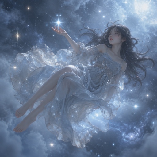 Floating Girl in the sky surrounded by stars 