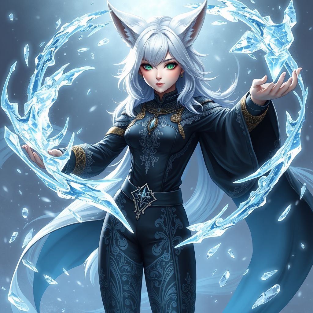(Genshin Impact) A pale teenage girl with a Cryo Vision wearing a royal black top and trousers with hair and small fox ears as white as snow with emerald eyes and conducting ice