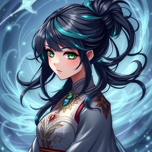 A mildly pale teenage girl. Two-piece goddess clothing, glowing emerald eyes, hair as black as coal with cyan tips tied up in a bun trapped inside a whirlwind