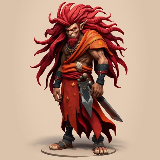 Create character handsome hero  Rhen the Fire-Singer – A lean, muscular man. His hair is a wild mane of deep crimson. He wears layered, flowing desert robes dyed in warm reds and golds, with scorch marks where flames have licked them. A curved blade hangs at his hip.  Show her whole body head to toe including her shoes.