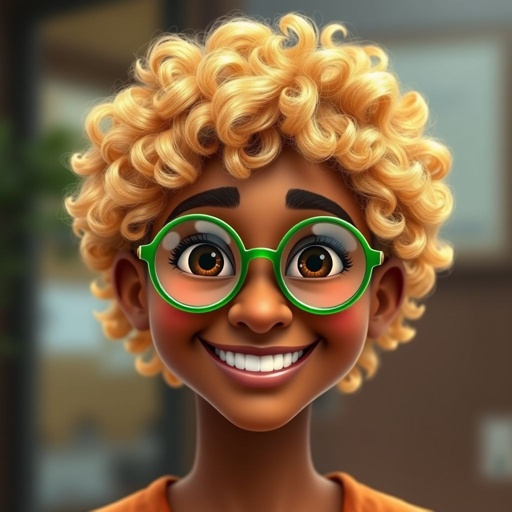 Brown skin , blonde curly hair , round green glasses, smiling