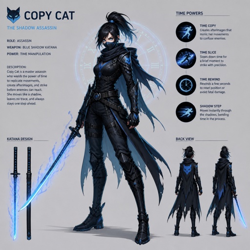 assassin name copy cat, time power, light blue eyes, blue shadow katana