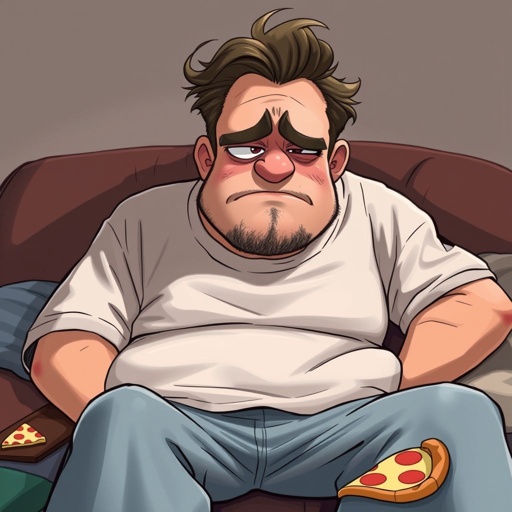 Create mid 30 character who is lazy as heck. And you could tell from his face and his entire outfit. Make is funny and the style of the graphic photographic