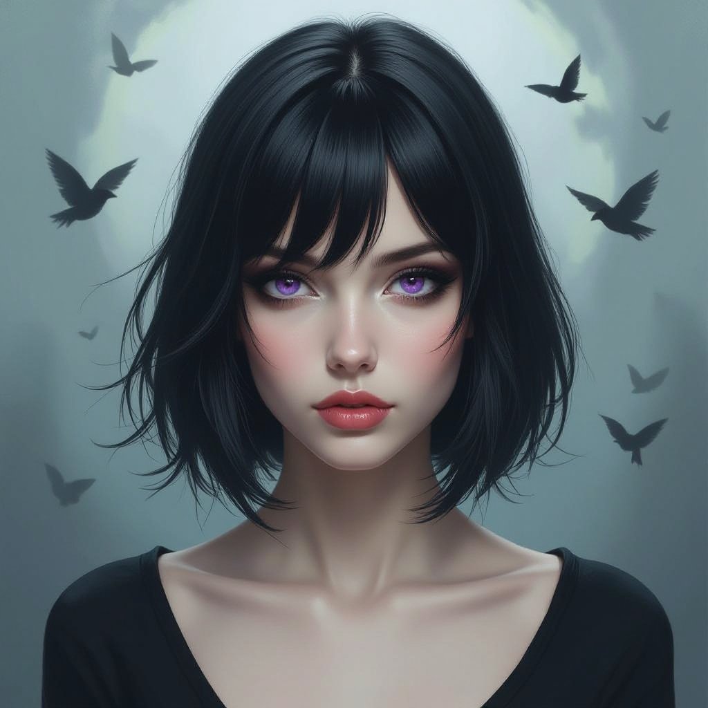 Show her entire body. Create mysterious woman jet-black hair is cut sharp to her jawline, and her violet eyes seem to pierce through darkness. A shadowy aura clings to her form, faint shapes shifting and flickering behind her like whispers of another realm. Show whole body head to toe