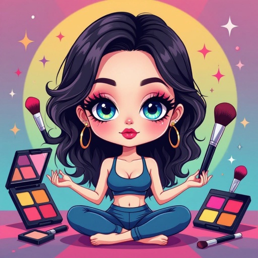 Create a chibi character mid 30’s lady who is the meditating with makeup stuff