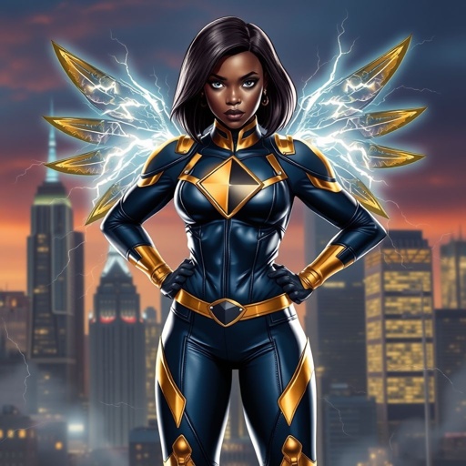 African American female superhero with hair in a shoulder length side part hairstyle with pure silver Glowing eyes wearing a leather slightly armored navy blue and gold suit with navy blue pants and gold boots with a diamond with the top half gold and the bottom half black her chest emblem with wings made of lightning in Philadelphia