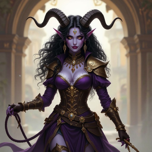 Tifling eldrich knight black eyes purple skinwith long black curly hair, long curly horns , lots of jewelry, carrying a whip dressed as a jester from the medieval times