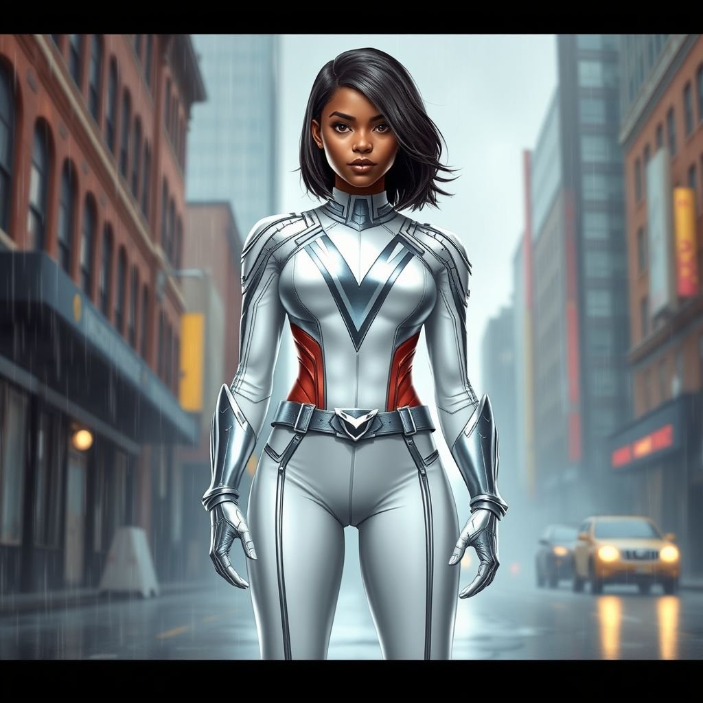 A teenage African American female superhero with hair in a shoulder length side part style wearing a white and silver suit with a stylized V as her chest emblem a utility belt and silver boots standing in Philadelphia during a rain storm