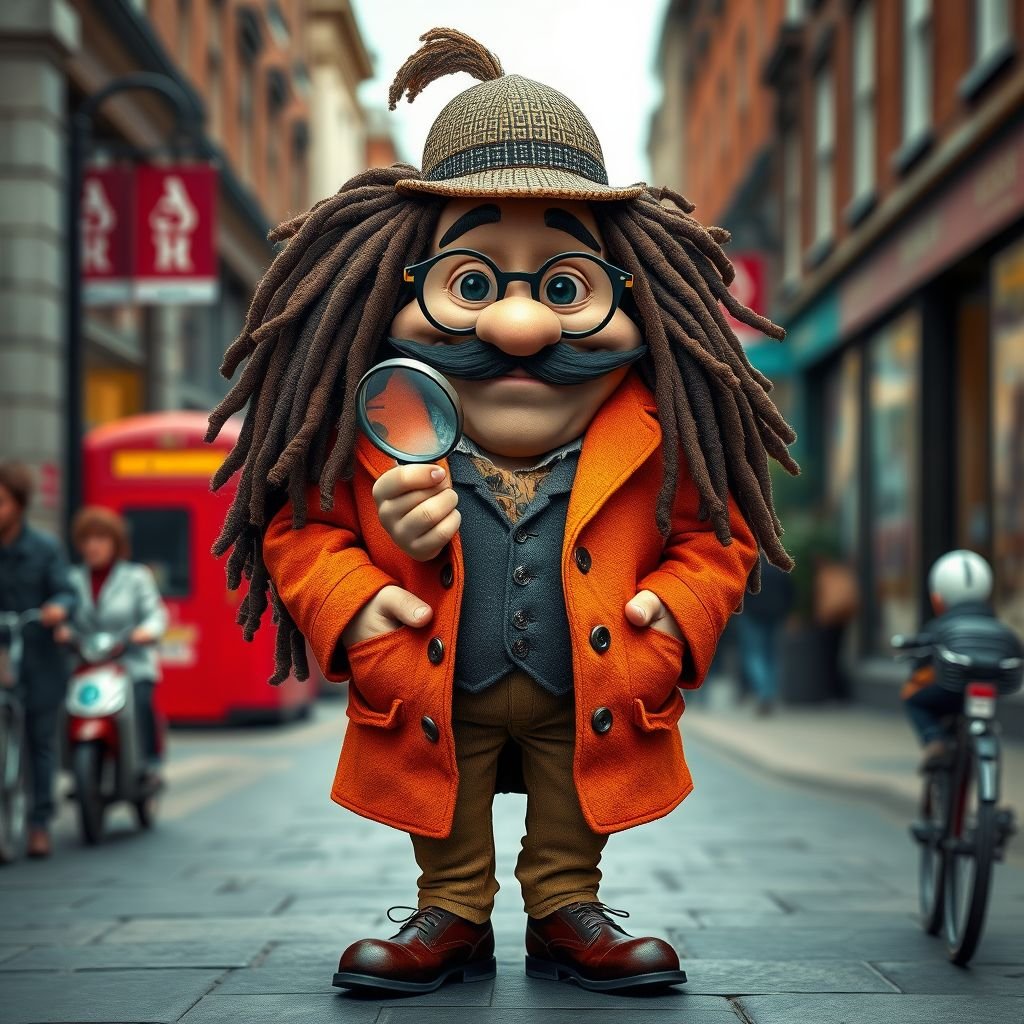 Create a funny fat character similar to Sherlock Holmes, but make him of black decent and with dread locks. Show his whole outfit including his shoes.