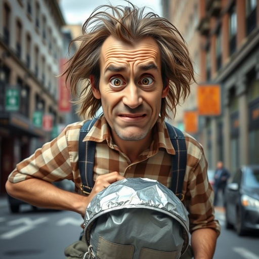 Create a funny looking paranoid man in the world, with a not so stylish outfit head to toe