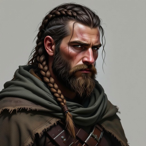 Create a stocky dwarf with a weathered face, braided beard tucked into his belt, and straw-tousled hair. Wears a soot-stained cloak over a leather smith’s vest, tool belt with hammer and chisels, heavy boots. Subtle turquoise rune glow from a pebble at his neck,
