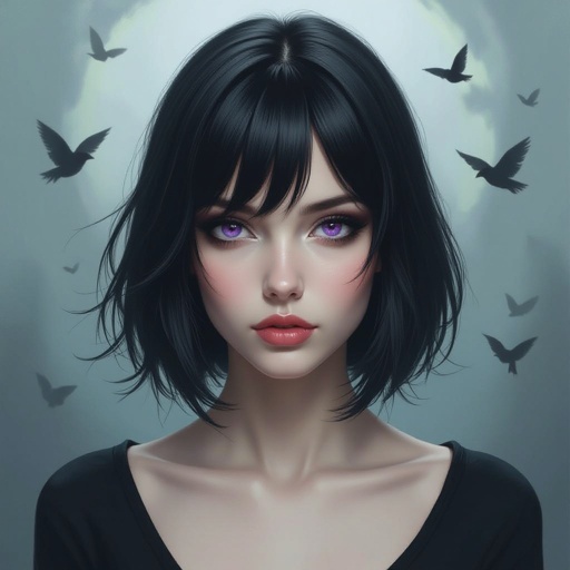Show her entire body. Create mysterious woman jet-black hair is cut sharp to her jawline, and her violet eyes seem to pierce through darkness. A shadowy aura clings to her form, faint shapes shifting and flickering behind her like whispers of another realm. Show whole body head to toe