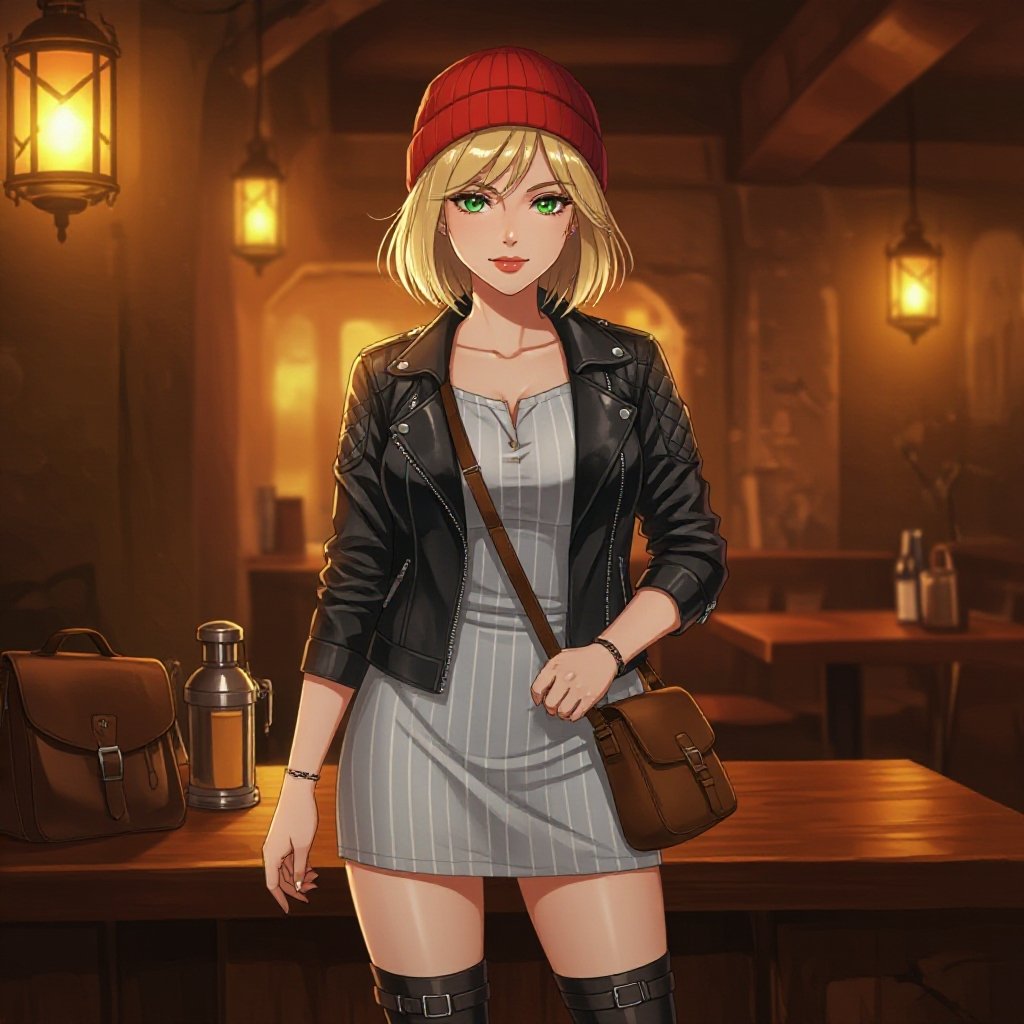 A semi-realistic cinematic portrait of a confident young woman standing in a warmly lit tavern that doubles as a traveler’s rest stop. She has a short blonde bob, green eyes, and wears a red beanie with a thin horizontal white stripe. Her outfit combines style and function: a light gray mini-dress with subtle red and white vertical stripes, reinforced seams, and a sleek black belt with a gold buckle. Over it, she wears a black leather jacket with quilted shoulders and faint crimson stitching, fitted comfortably and zipped partway. Her tall black boots have metal clasps and laced panels, built for travel yet stylish. A compact brown satchel hangs at her side, and faint reflections of lantern light glint off metal accents on her belt and gloves. The background glows with warm amber tones and the hint of travel gear behind the bar, evoking the atmosphere of a modern wanderer ready for her next journey.