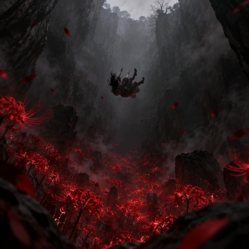 Person falling from a Cliff Deep into a pit Full of red spider-lillies 