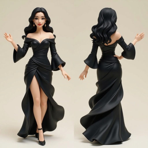 Create character hero Veyra of Shadows – A lithe, mysterious woman draped in layered black silks that move like smoke around her. With jet-black hair. Show her whole body head to toe including her shoes.