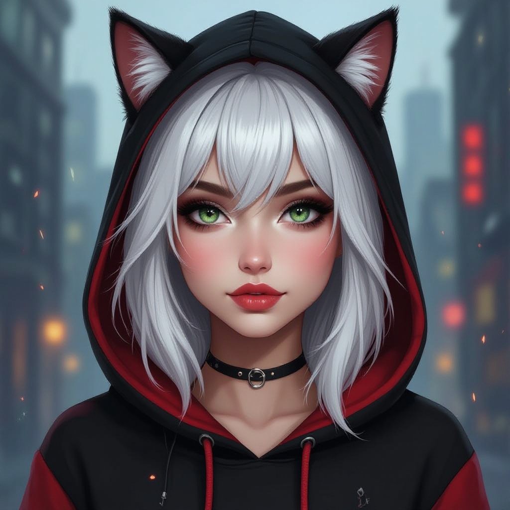 Młoda kobieta. Włosy do ramion, z grzywką, prawa połowa włosów biała, lewa połowa włosów czarna. Okrągła, pyzata twarz. Szaro-zielone oczy. Wąskie, małe usta. Ubrana w czarno czerwoną bluzę z kaptórem z kocimi uszkami. Realistyczna