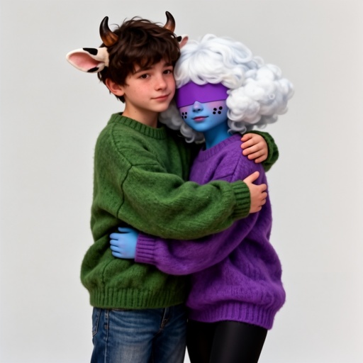 Two characters hugging wearing matching sweaters. The boy has a green one and the girl has a purple one. The boy has dark brown hair, small horns and cute cow ears. He is a little taller than the girl and usually has a blank expression but blushes a lot around her( he is also wearing jeans) the girl is wearing a matching purple sweater ( both are oversized) , her skin is blue with purple patches and she has a soft cloud shaped poof of white hair that covers her eyes. She is also wearing black leggings.  She has cute blushing cheeks and two small black dots on each . One vertical and the other horizontal. A purple patch covers half her face. 