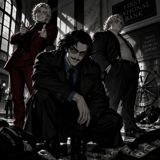 Male, crouching, green eyes, mustache, neck length black hair, neat hair, black glasses, black trench coat, blue shirt, smiling, male blonde curly hair, green eyes, blush, red pinstripe suit, doing finger guns, male, blonde curly hair, green eyes, fat, red pinstripe suit, blush, hands in pockets, smiling, the blonde guy and the fat guy are twins, bank interior, cinematic 