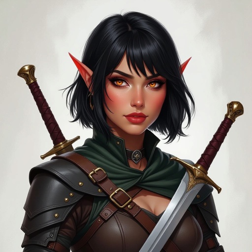 A female tiefling with short black hair in a bob cut with bangs has red skin and orange eyes, tiefling rogue, female tiefling, red skinned female, female with black hair, female with orange eyes, tiefling female, female rogue, dnd rogue, dnd female,