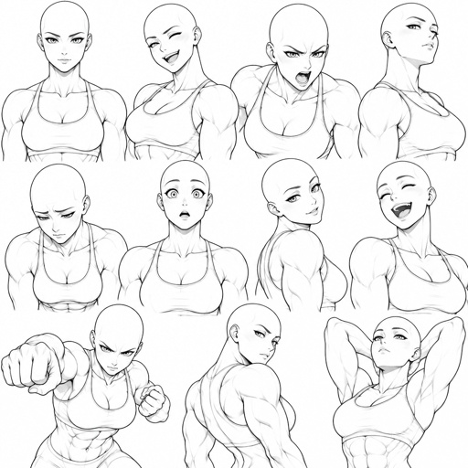 Different face expressions female buff half body drawing base, dynamic, bald, head face expressions