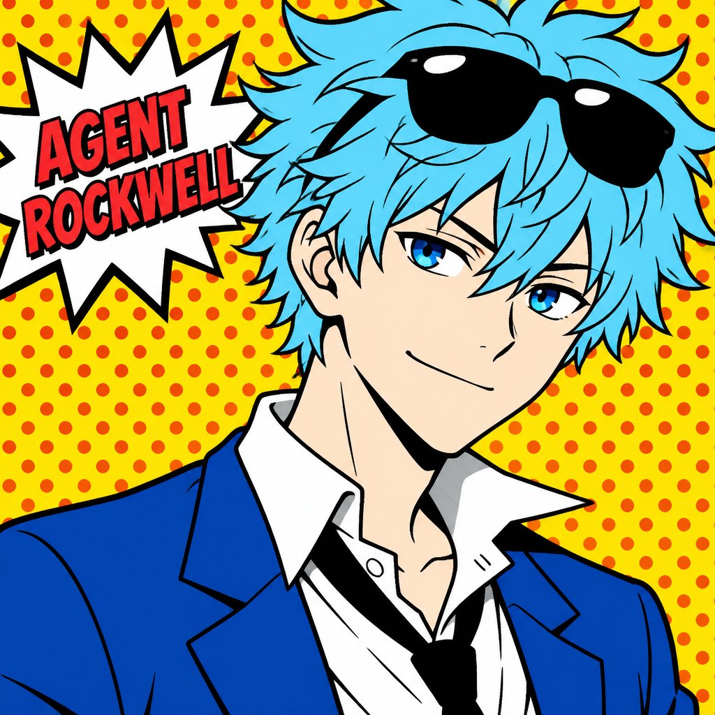 Anime Agent Rockwell He's average height has very poof up messy hair half side longer and drooped down his hair is a light blue his skin color is white, has very bright blue eyes,wears a suit most times his tie is loose and he doesn't usually wear his jacket and his collar to his shirt is usually uneven, wears sunglasses on his head He's know for his mischievous and reckless behavior but takes missions very seriously he is one of the best agents they have Even is Rockwell's partner he is very serious and organized the opposite of Rockwell and can get very annoyed at Rockwell's behavior he tends to say to Rockwell" why can't you take anything seriously " Rockwell replies" I do tackle things seriously when it's needed" Rockwell then laughs