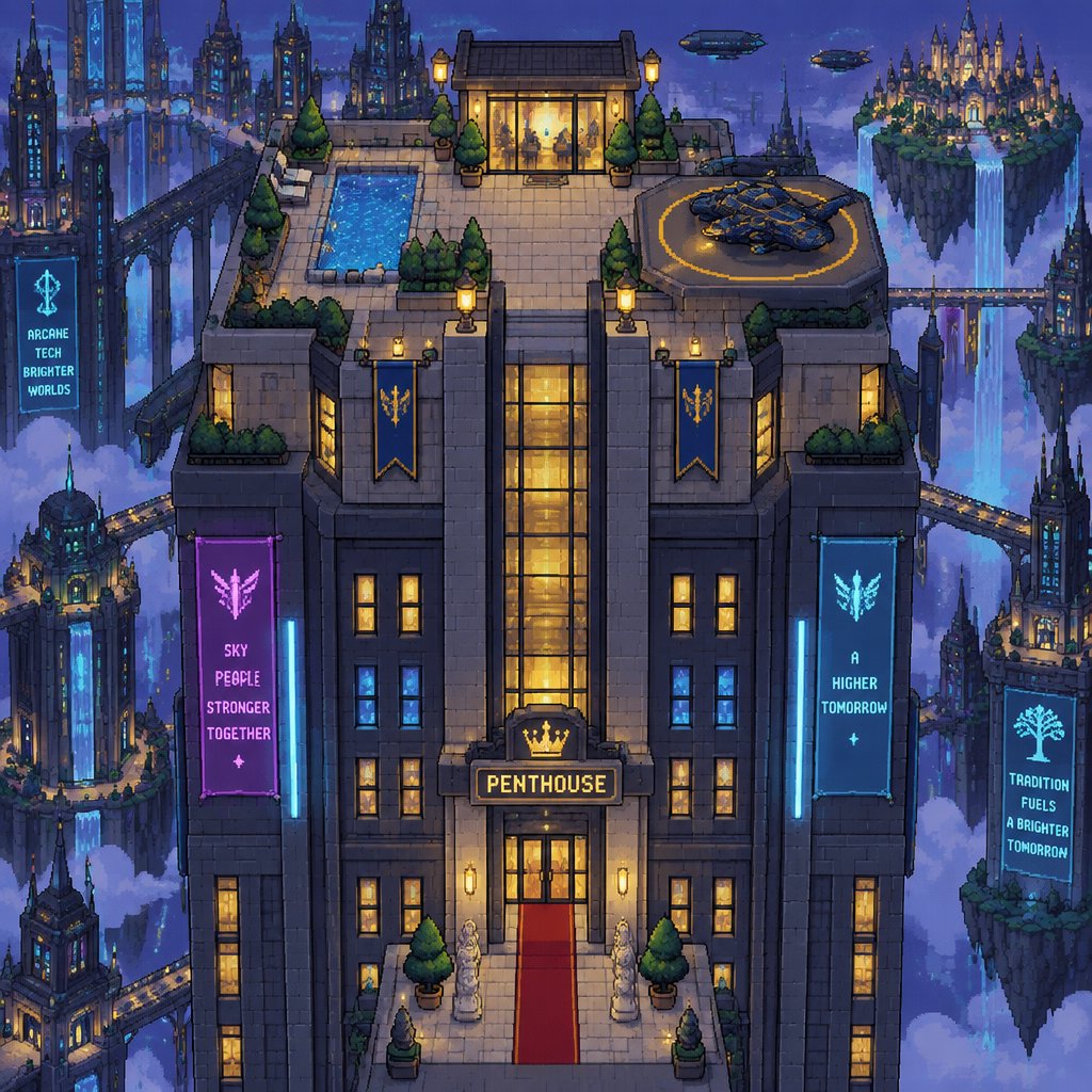 Pent house full building, for a futuristic fantasy city game, exterior, top down style