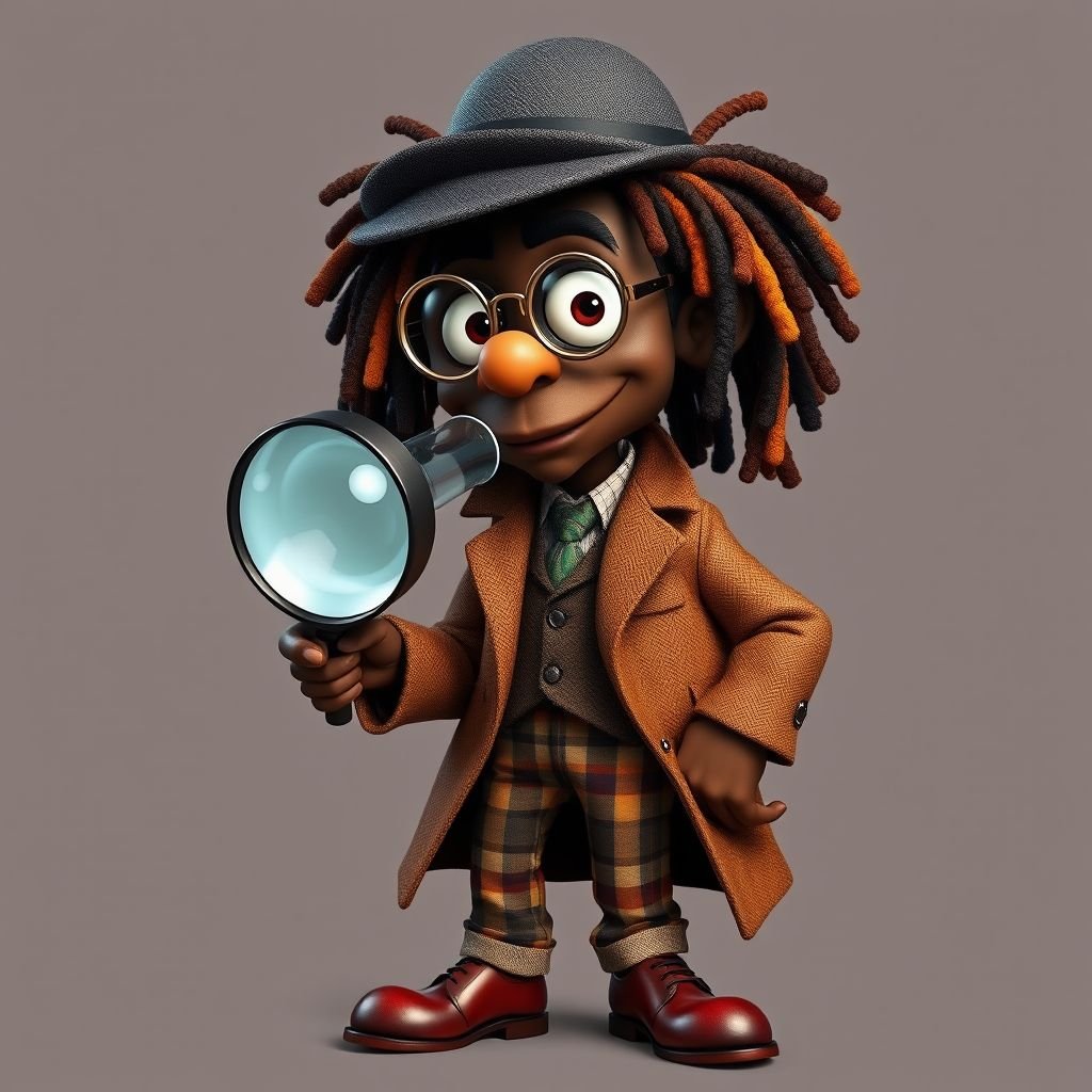 Create a funny character similar to Sherlock Holmes, but make him of black decent and with dread locks. Show his whole outfit including his shoes.