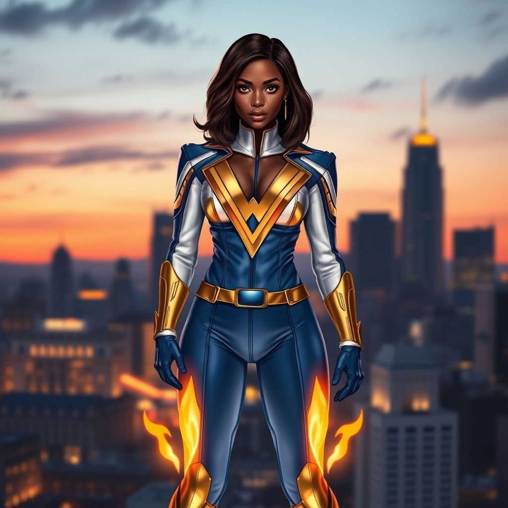 African American female superhero with shoulder length hair in a side part style and  wearing a homemade leather white and blue suit with gold accents and blue pants with a stylized V as her chest emblem wearing gold flat boots  made of gold fire standing in Philadelphia at dusk