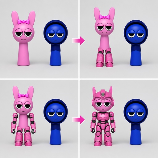 Pinki from Sprunki as Elita One merging her legs onto Jevin from Sprunki and then her arms and then her Body and lastly her head and helmet