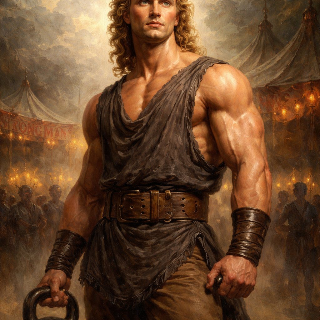 A tall well~proportioned male, so handsome he looks like a Greek god with muscles. With deep-set blue eyes and strong brows, and a peaceful but determined expression on his face. His hairstyle is a thick curly blonde mullet. He works at freak show as a strong man. His outfit consistsed of a Charcoal-toned sleeveless Greek tunic, thick leather belt, leather wristbands/cuffs, brown pants.