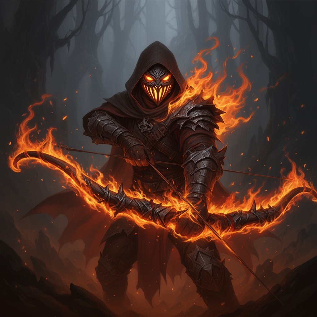 A hooded flame archer with a bow made out of fire and mask covering face