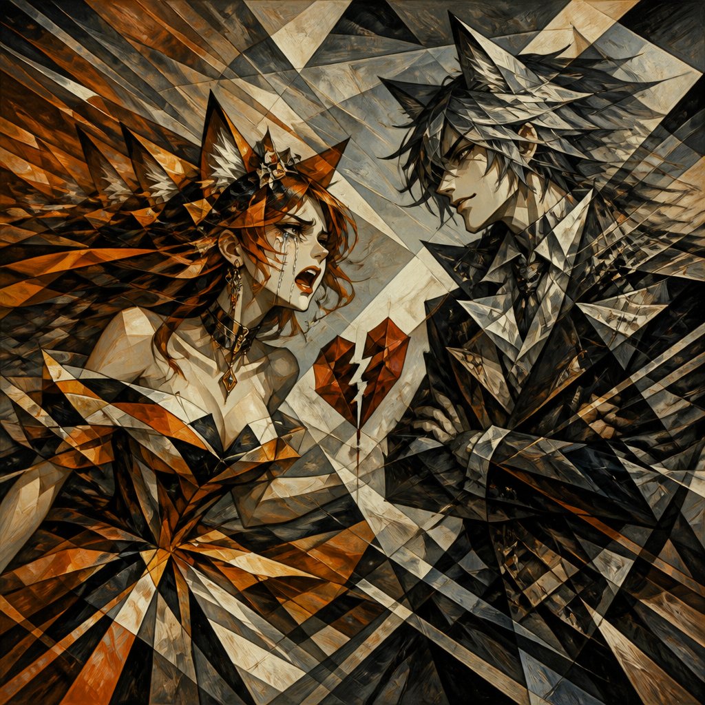 A beautiful woman with fox like looks fox ears fox eyes and orange and black hair and a beautiful modesty dress very fancy arguing and crying with frustration with a handsome man with wolf like looks and wolf eyes wolf ears and gray and white hair he is smirking broken heart