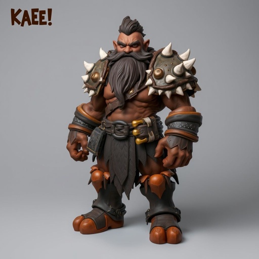 Create character hero Kael the Beastbound – A rugged, broad-shouldered man with dark brown skin and a rough beard, wearing armor made from bone and leather Show her whole body head to toe including her shoes.